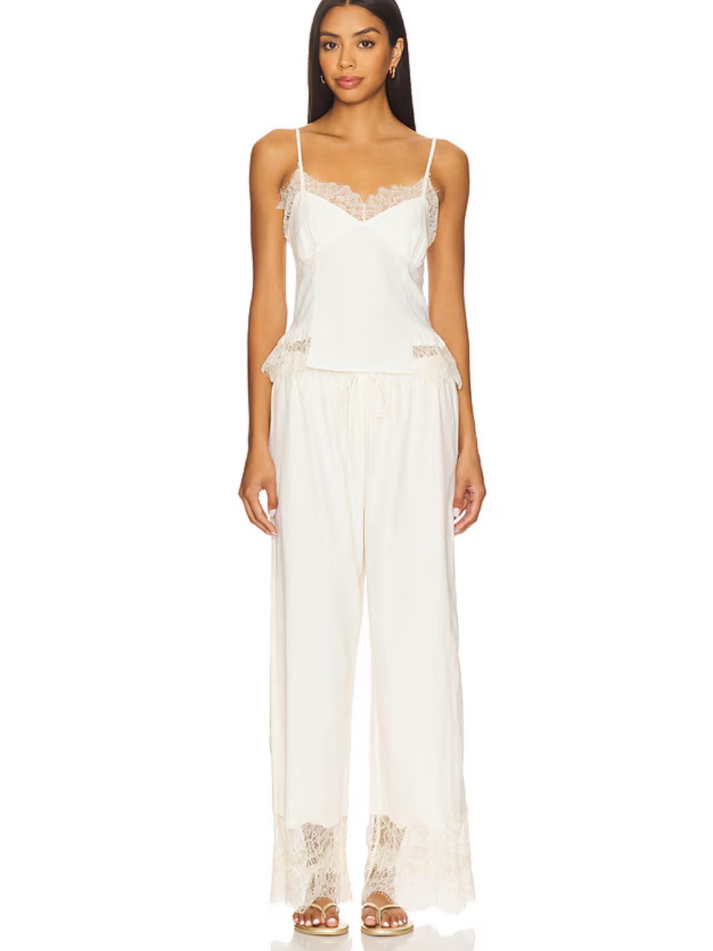 Tularosa Margaux Cream Lace Trim Silk Camisole & Wide Leg Pants Set